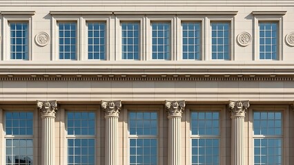 Fototapeta premium An elegant architectural facade displays symmetrical rows of windows ornate detailing and classical columns showcasing a refined building design high quality professional detailed modern stylish clean