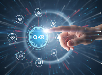 Obraz premium OKR Objectives and Key Results for Performance Management, projection on a virtual screen, Business and Technology Concept. Digital Business Strategy & Performance