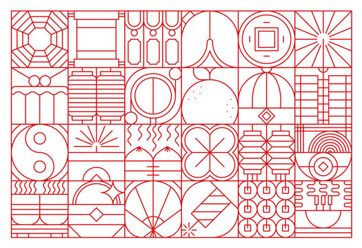 Chinese Lunar New Year geometric pattern. Elegant vector lineart design featuring tea cup, coin, firework, noodle, lanterns, scroll, food. Red pattern for backgrounds, postcards, or holiday covers