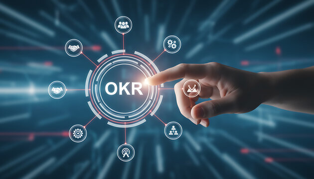 OKR Objectives and Key Results for Performance Management, projection on a virtual screen, Business and Technology Concept. Digital Business Strategy & Performance
