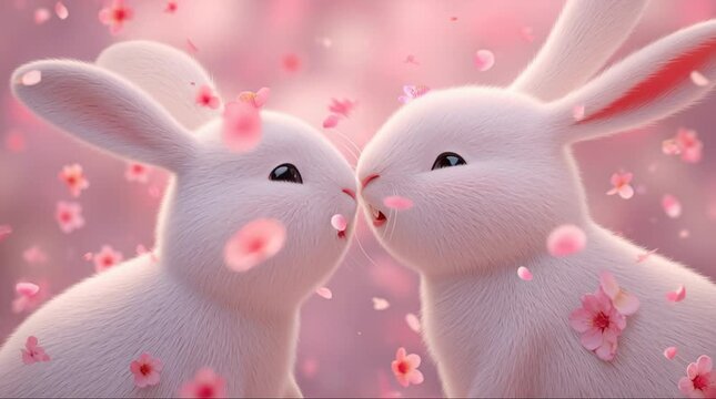 Two Adorable White Bunnies Kissing Amidst Falling Pink Cherry Blossoms.