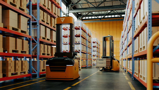 Automated warehouse logistics system with autonomous robots moving boxes between storage shelves. Concept of smart logistics, supply chain, and industrial automation- 3D rendering