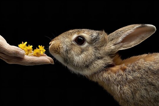 Wild rabbit sniffing yellow flowers presented from a human hand