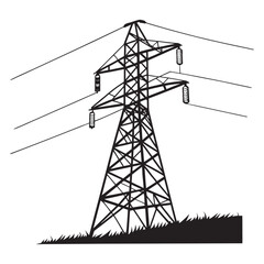 Hand drawn sketch of a high voltage electricity pylon on a grassy landscape