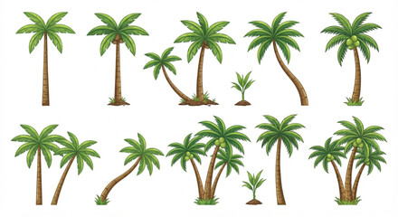 Collection of Various Palm Trees in Different Sizes and Styles, Illustrating Tropical Vegetation
