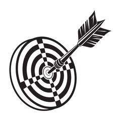Retro woodcut illustration of a dart hitting the center of a target board