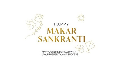 Naklejka premium Happy Makar Sankranti greeting card with golden text and kite illustrations on white background