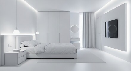 Modern luxury minimalist white bedroom with soft lighting and elegant decor