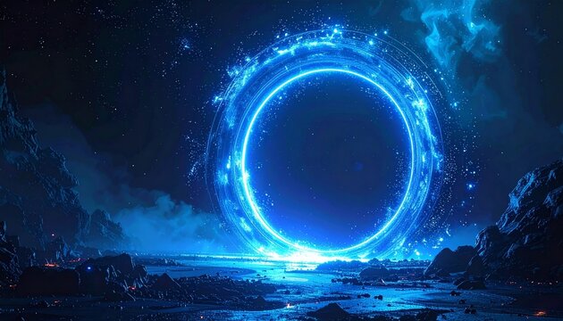 Abstract blue background featuring glowing 3d globes and light circles within a cosmic space atmosphere of stars and planetary spheres