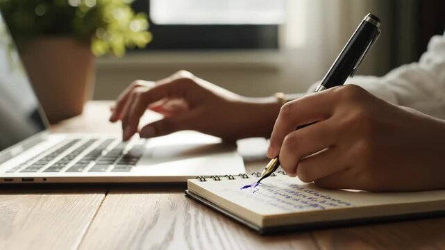 Person using a laptop and writing in a notebook on a wooden desk at home with a plant in the background 4k video