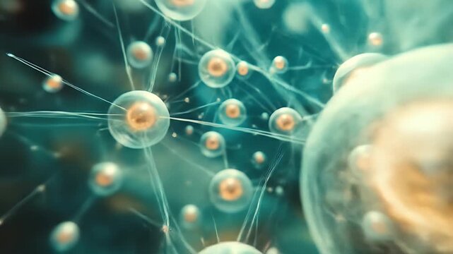 Close-up view of translucent, sphere-shaped objects, interconnected by thin lines, set against a teal-green backdrop.  The spheres feature a golden-orange center