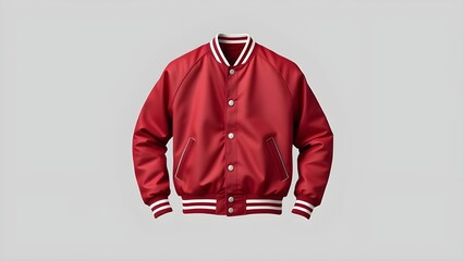 front view of a blank burgundy and white varsity bomber jacket mockup isolated on gray background
