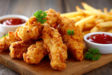 Fototapeta premium Crispy Chicken Tenders Served With Fries and Dipping Sauces for a Tasty Meal