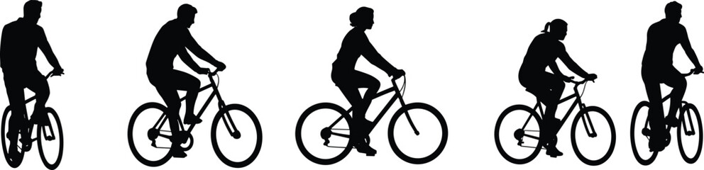 Obraz premium Silhouettes of men and women riding bicycles in different positions, symbolizing outdoor fitness, healthy lifestyle, transportation, mobility, freedom, sport, exercise and modern cycling culture