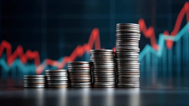 Stacks of coins with a financial growth chart in the background.
