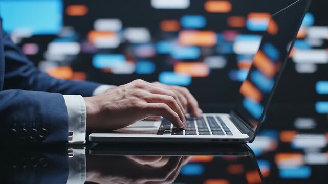 Businessman working on laptop computer with blurred background of colorful screens 4k video