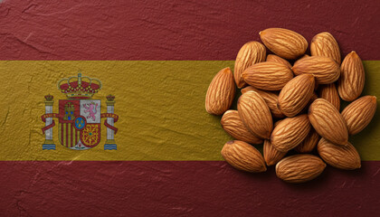 A tasty pile of raw almonds is perfectly paired with the majestic national flag of Spain.