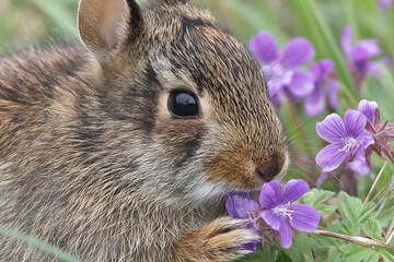 Young rabbit sniffing small purple wildflowers in field setting