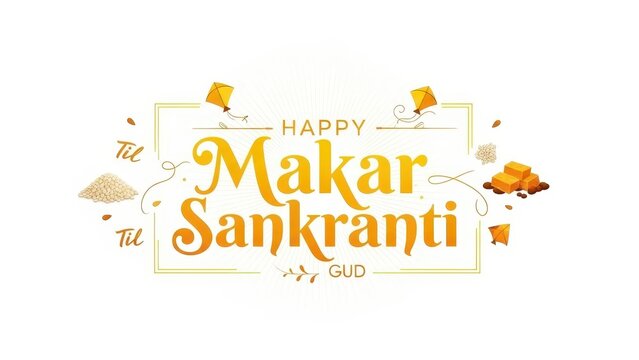 Happy Makar Sankranti festival text with kites and traditional sweets on white background