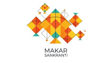 Colorful Geometric Kites Flying on White Background for Makar Sankranti Festival