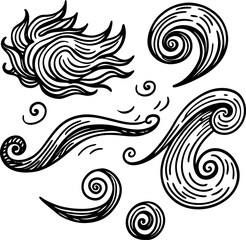 Abstract Hand Drawn Wind and Swirl Motion Elements in Black and White  isolated  on white background.