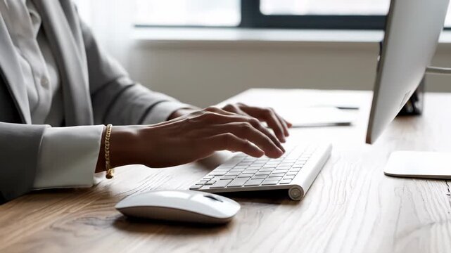 Person typing on a white keyboard at a wooden desk with a computer monitor and mouse in a bright office setting 4k video