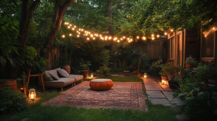 Obraz premium Evening garden scene with string lights, seating, and rug under trees and a building
