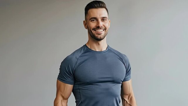 A smiling man with prominent muscles lifts dumbbells, demonstrating his strength and health.