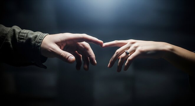 Two hands reaching out and touching fingertips in a dark, dramatic setting, symbolizing connection and the spark of intimacy.