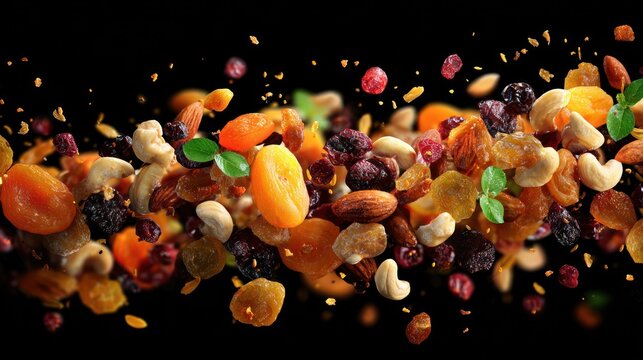 Flying nuts and dried fruits on transparent