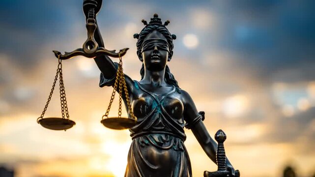 Statue of Justice holding scales and sword, symbolizing fairness and law, against a blurred sunset sky