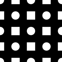 Seamless black and white geometric pattern featuring repeating circles and squares in a bold minimalist style. Modern abstract background for wallpaper, textiles, packaging, branding, and surface desi