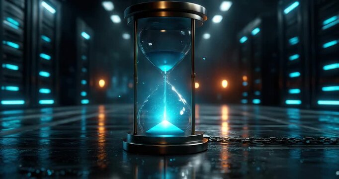 Glowing hourglass in modern server room with blue lighting