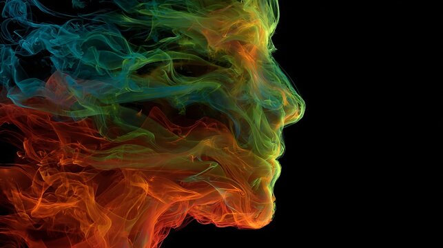 colorful abstract smoke swirling around human face silhouette in vibrant red, green, and blue symbolizing emotion, energy, and transformation