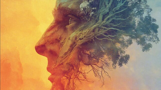 surreal human face tree roots blending with fiery orange and blue glowing sky symbolizing deep connection with nature in mystical portrait