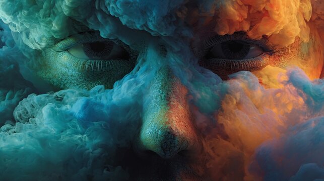 surreal human face emerging from colorful smoke and vibrant clouds symbolizing mystery and abstract concept of perception and identity