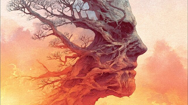 surreal tree face blending with mind and psychology abstract concept representing the connection between nature and human consciousness