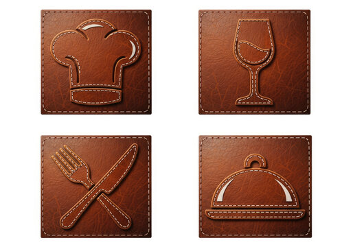 Leather embossed kitchen icons set on tiles.