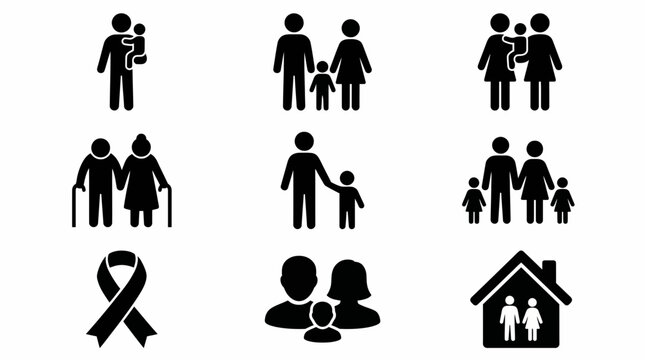 Set of black family silhouette icons showing parents, children, elderly and a ribbon symbol on white background, concept for social services, demographic studies and public health campaigns