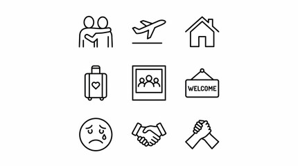 Fototapeta premium Minimalist line icons illustrating concepts like hugging, travel, house, agreement and sadness, concept for social media illustration, web design and mobile application interface