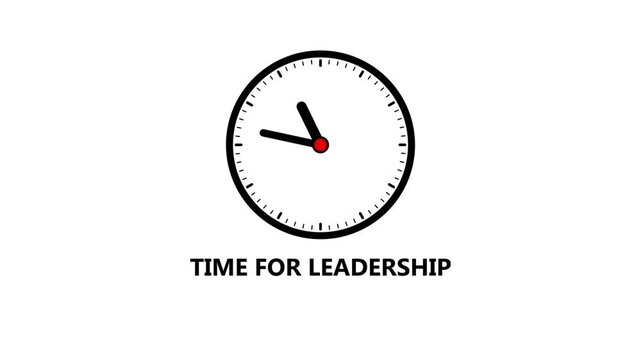 A black clock with the words Time For Leadership written around the face on a white background Keywords: clock, time, leadership, leader, management, business, strategy, direction, guidance