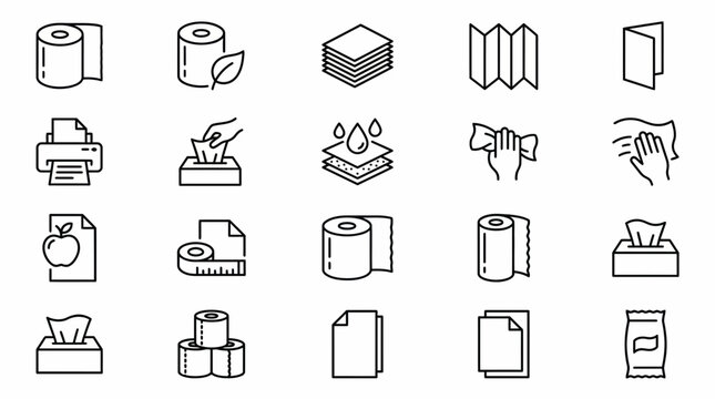 Paper goods and hygiene line icon set featuring tissue rolls, paper stacks, printing and absorbent elements, concept for packaging design, inventory management and cleaning product promotion