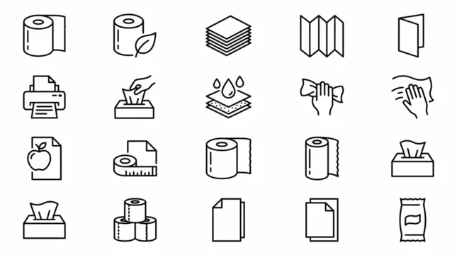 Paper goods and hygiene line icon set featuring tissue rolls, paper stacks, printing and absorbent elements, concept for packaging design, inventory management and cleaning product promotion
