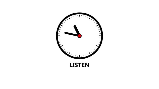 A black clock with the word Listen written around the face on a white background Keywords: clock, time, listen, hear, attention, focus, message, text, quote, saying, inspiration, motivational