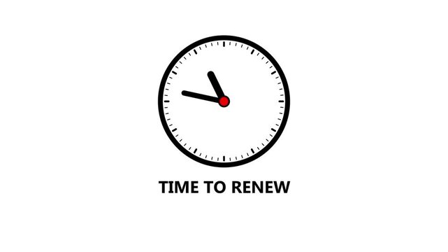 Black clock face with text TIME TO RENEW on white background time renew