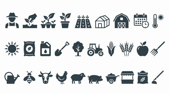 Detailed vector farming icons featuring crops, livestock, tools and farmer symbols, concept for agricultural infographics, farm business branding and rural sustainability reports
