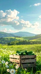 Wooden Crate with Cucumbers on Green Meadow