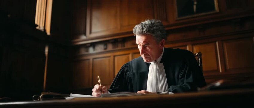 Judge writing in a legal document at a courtroom desk, law, justice, authority, and the judicial decision-making process.