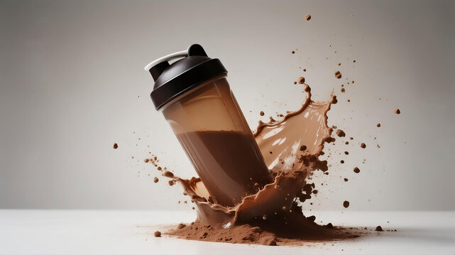 Chocolate protein shake splash from shaker, gym nutrition drink