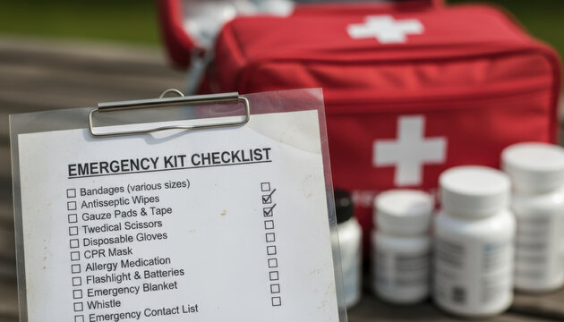 Emergency Kit Checklist on Clipboard